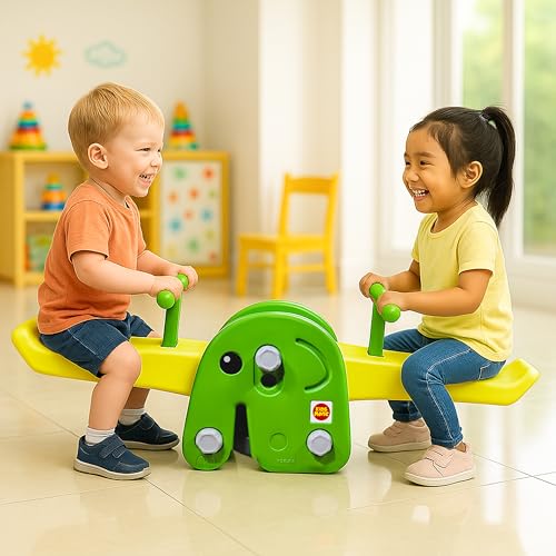 Image of Kidsmate Seesaw for Kids‑ Elephant‑Theme Sea Saw Toy for Kids | Indoor & Outdoor Teeter Totter for Kids | Durable Wide‑Base See Saw /Baby Rocker for Ages 2‑5 Years - Yellow & Green