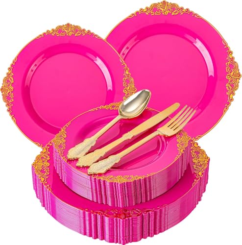 Joyido 125PCS Hot Pink Plastic Plates - Pink Disposable Plate - Elegant Party Plates with Gold Plastic Silverware Sets for 25 Guests for Wedding & Birthday Party & Baby Shower