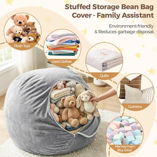 Image of Stuffed Animal Storage Bean Bag Chair Cover for Adults (No Filler), Soft Comfy Velvet Beanbag Chair Cover Machine Washable, Adults Bean Bag Chair with Handle for Living Room Bedroom, Dark Gray