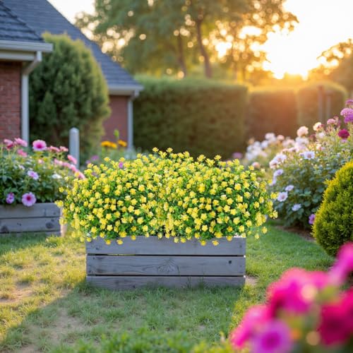 Image of Bassion Artificial Flowers for Outdoors Decoration UV Resistant, Yellow | faux plants, fake plastic eucalyptus, greenery stems, indoor outdoor use, Garden fence patio window box porch planter decor