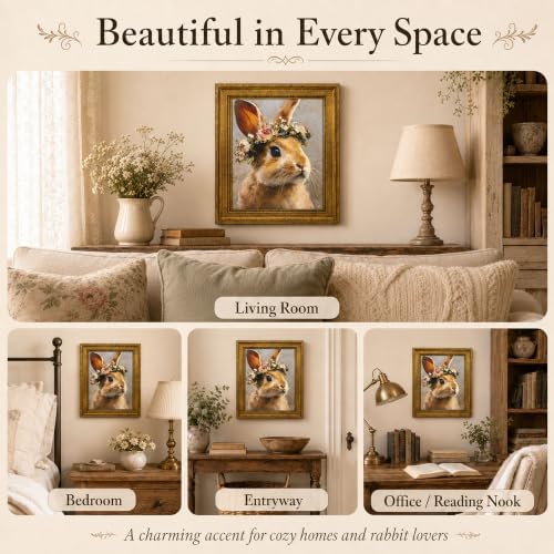 RunRRIn Wildflower Rabbit Wall Art, Vintage Gold Framed Canvas Print, 8x10 - 5