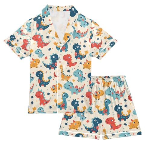 senya Colorful Cartoon Dinosaur Satin Summer Pajama Sets Silk Short Sleeve Button Down Sleepwear