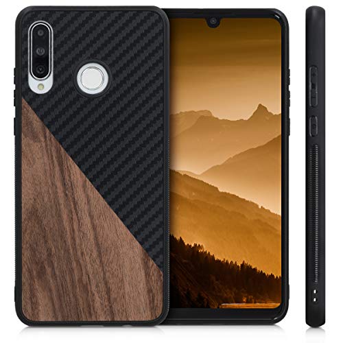 Kwmobile Case Compatible With Huawei P30 Lite - Hard Phone Cover With Tpu Bumper And Wood/Carbon Back - Dark Brown/Black #TOP4
