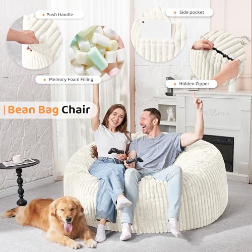 Image of HABUTWAY 5FT Bean Bag Chair, 5' Large Bean Bag Chairs for Adults with Removable Stripe Plush Cover, Memory Foam Beanbag Chair for Living Room Bedroom Dorm (White)