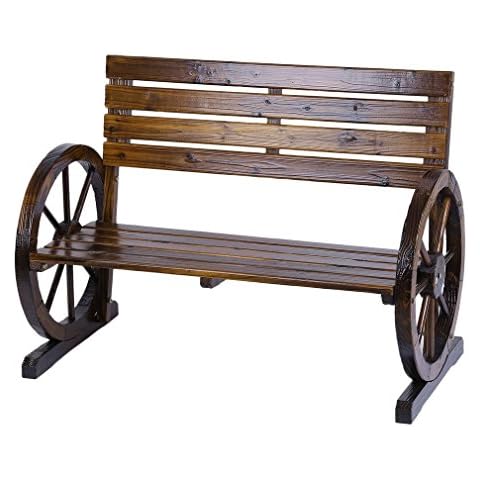 Homgrace Patio Garden Wooden Wagon Wheel Bench, Rustic Wood Design Outdoor Wagon Wheel Bench Outdoor Furniture Decor (Tan Color) Cover