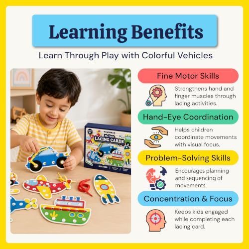 Image of WONDRBOX Montessori Transport Lacing Cards Activity Educational Toy for Kids Age 2 3 4 Year Old | Autistic, Occupational Therepaist Games | Includes 6 Thick Lacing Cards and 2 Laces