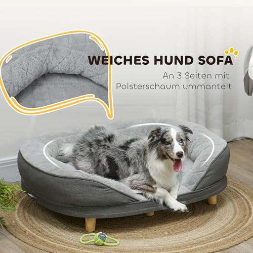 PawHut Hundesofa Hundecouch, Waschbarer Bezug, Haustiersofa mit Rückenlehne und Holzbeine, Katzensofa, Hundbett für mittelgroße Hunde unter 25 kg, 90cm x 78cm x 25cm, Grau