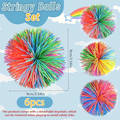 Deepton 6 Stück Farbe Stringy Balls, Wuschelbal 9cm, Sensory Fidget Balls, Mitgebsel Kindergeburtstag 6, 7, 8, 9,10 Jahre, Weiche Regenbogen Pom Bouncy Stress Ball für Familienspiele, Freundesspiele