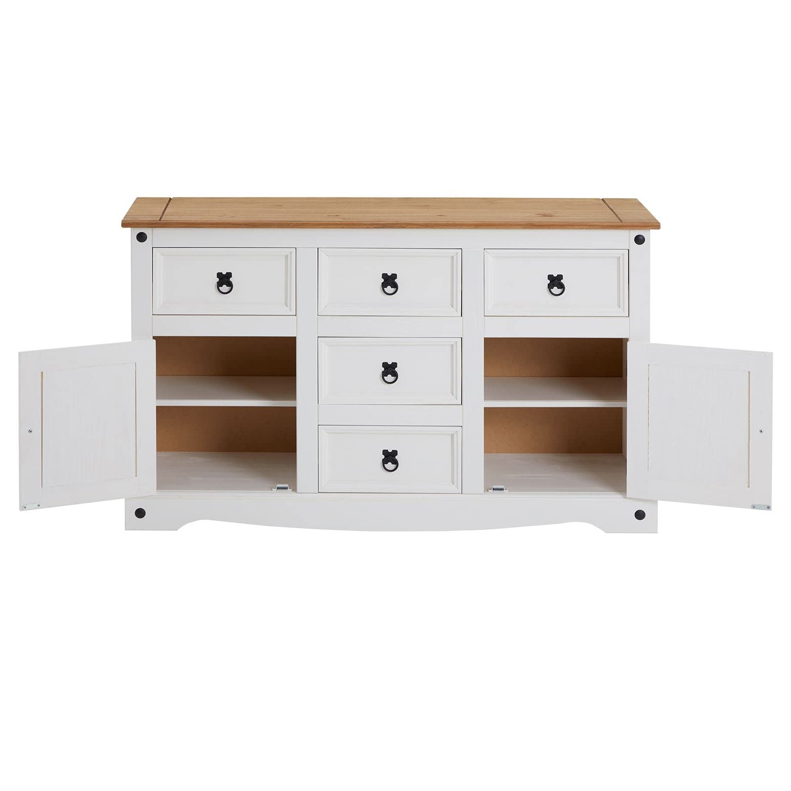 CARO-Möbel Sideboard Campo, Kommode Kiefer massiv, weiß lasiert, 5 Schubladen und 2 Türen
