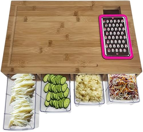 Miniatura 4 de MetalMaximo Tabla de cortar con trituradora y contenedor de cajón de almacenamiento, tabla de cortar de bambú para cocina, encimera de cocina con