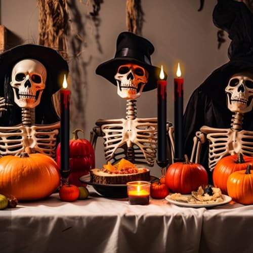 Image of Halloween Black Flameless Taper Candles with Remote Timer, 4 Pcs Red Drip Wax LED Candlesticks with 3D Flickering Flame for Home Fall Indoor Halloween Decor(0.78 x 8.9 Inches)