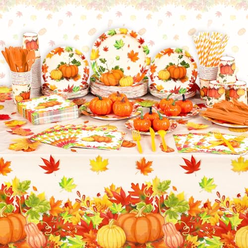 Image of Funnymoom 452 Pcs Thanksgiving Fall Party Decorations for 50, Pumpkin Maple Leaf Thanksgiving Paper Plates Napkins Cups Tablecloth Cutlery Straws for Harvest Autumn Birthday Holiday Party Supplies
