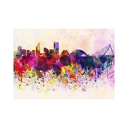 Wee Blue Coo Painting Cityscape Paint Splash Skyline Valencia Impresión del Arte 12 x 16 Pulgadas
