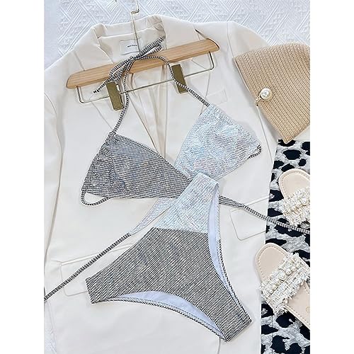 Women's 2 Piece Holographic Metallic Bikini Set Sexy Backless Cross Wrap Swimsuit High Waisted Bathing Suit3