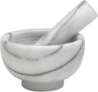 HIC Kitchen Carrara Marble Mortar and Pestle Set - 3.8 Inch Spice Grinder, Pill Crusher, Nut Butter Maker