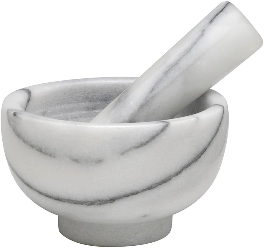 HIC Kitchen Mortar and Pestle Set, Solid Carrara Marble, 3.8-Inch, Spice Herb Grinder, Pill Crusher, Nut Butter Maker