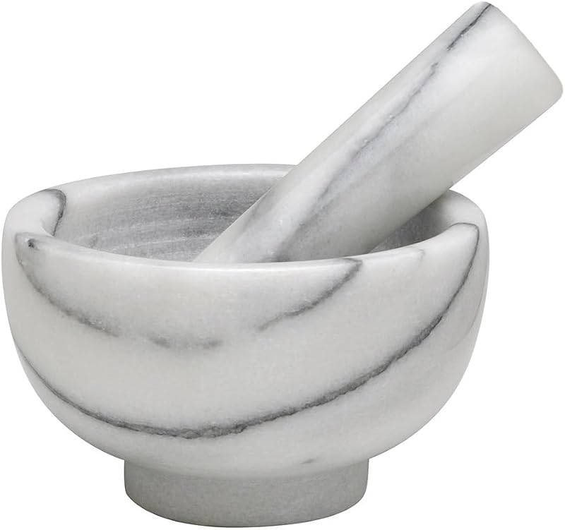 HIC Juego de mortero y mortero de cocina, mármol de Carrara sólido, 3,8 pulgadas, molinillo de hierbas y especias, triturador de pastillas, fabricante de mantequilla de nueces