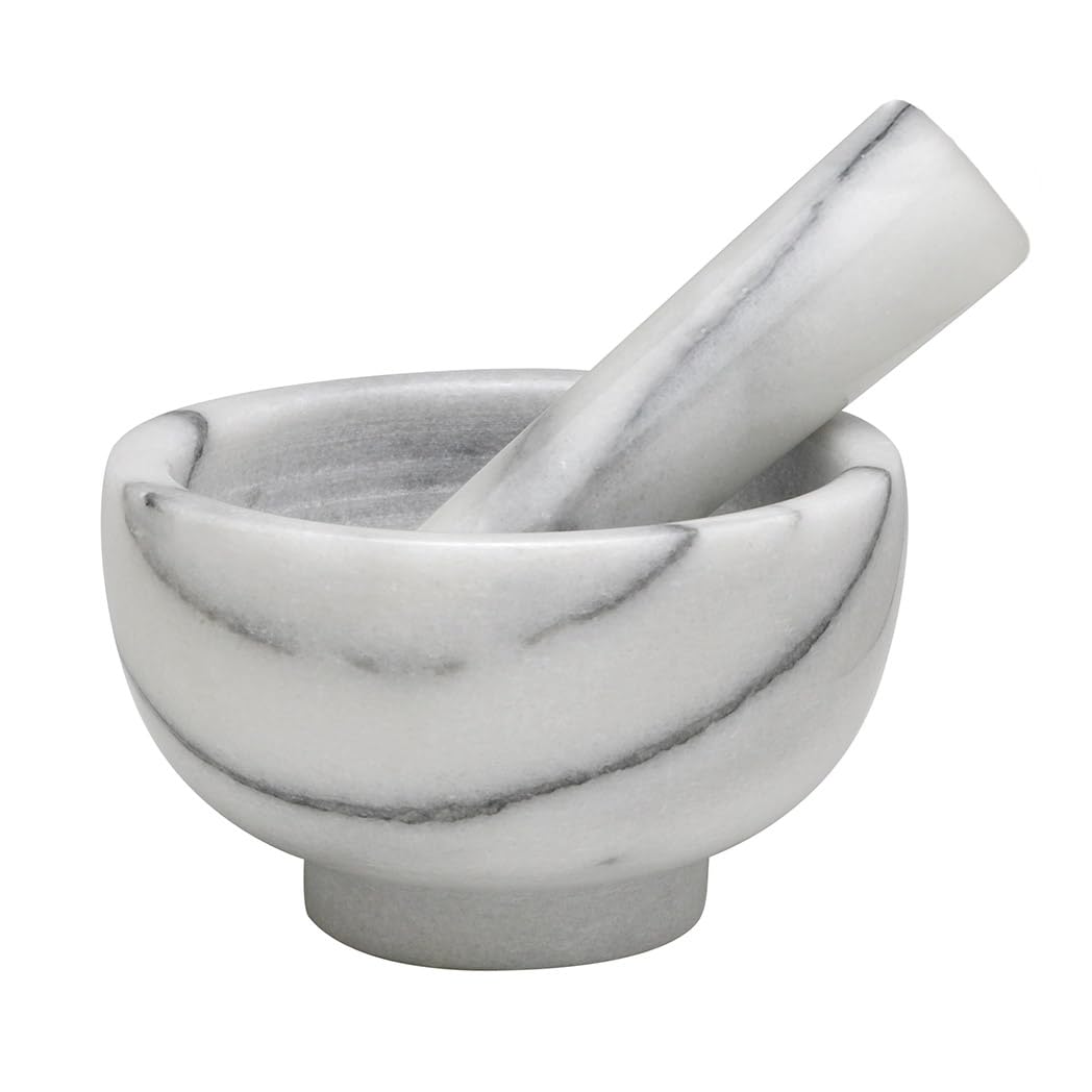 HIC Kitchen Carrara Marble Mortar and Pestle Set - 3.8 Inch Spice Grinder, Pill Crusher, Nut Butter Maker