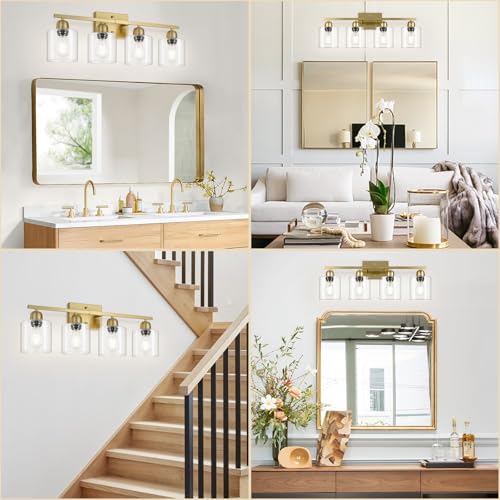Image of Modern Brushed Gold 4 Light Bathroom Light Fixtures, 24 inch Vanity Lights for Bathroom with Clear Glass, Bathroom Vanity Light for Mirror Kitchen Living Room Hallway Cabinet Porch