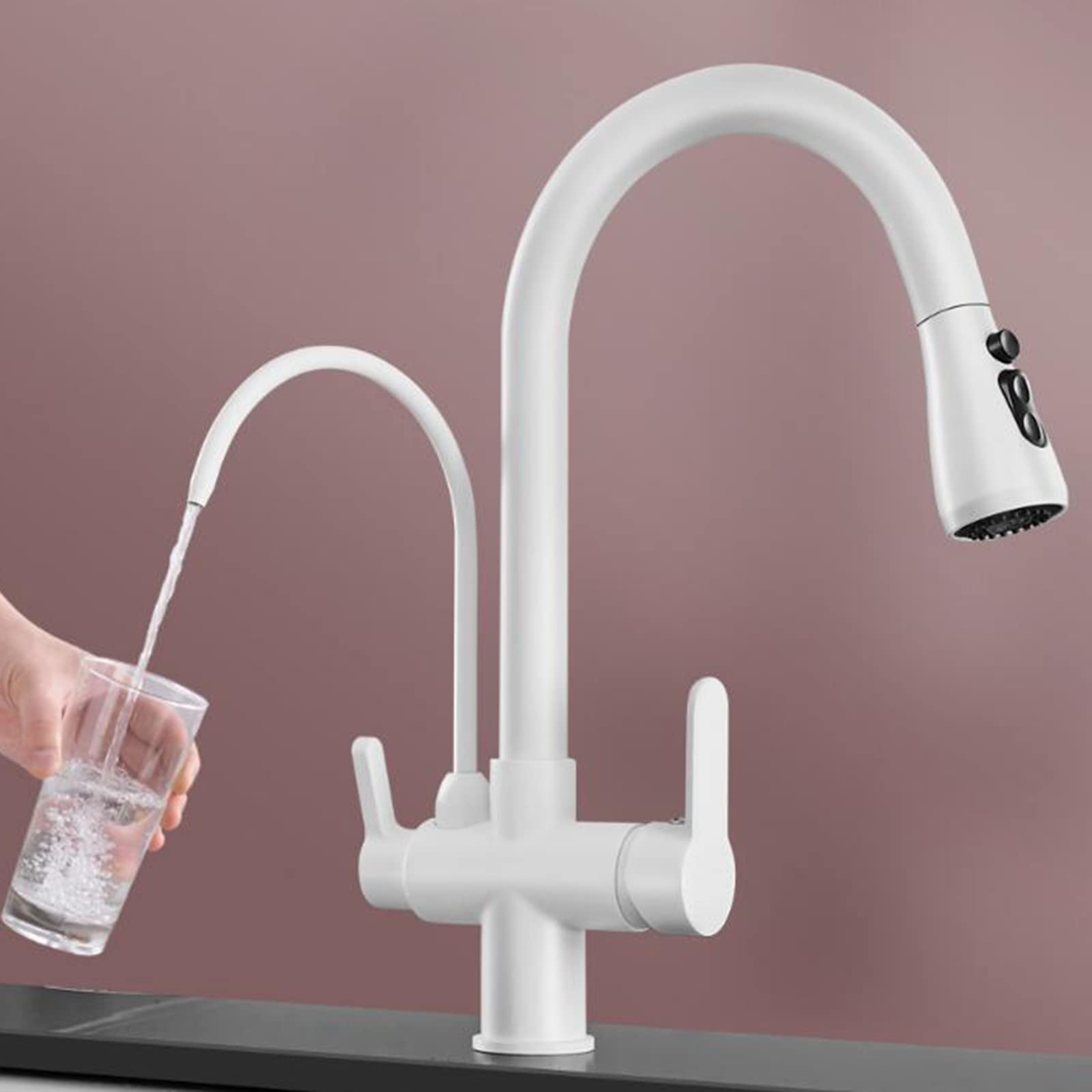 Grifo De Cocina De 3 Vías Giratorio Agua Fría Y Caliente Grifo Purificador De Agua De Latón-blanco (Color : Blanc