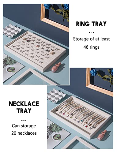 Image of Coward Set of 5 Stackable Jewelry Organizer Tray Necklace Earring Box Storage Ring Bracelet Display Holder (beige(ring+necklace+12girds+24girds+The glass lid))