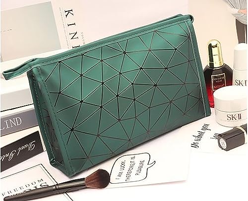 Image of Makeup Bag for Women, Diamond Pattern Makeup Bag with Zipper Large Capacity Travel Toiletry Bag - Green