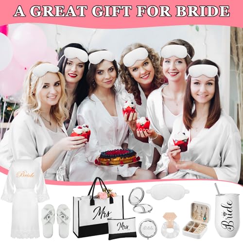 Image of JaGely 9 Pcs Bride to Be Gifts Set Bridal Shower Bachelorette Wedding Gifts with Robe Slippers Tumbler Tote Bag & Bridal Kit