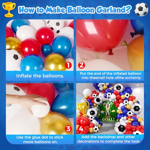 Image of Soccer Party Decorations 161Pcs, Soccer Balloon Garland Arch Kit with Backdrop Banner 18'' Football Foil Balloons, Blue Red Gold White Balloons for Boys Sports Fan Birthday Soccer Party Decor