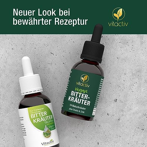 VITACTIV Bitterkräuter - Bittertropfen ohne Alkohol - Erlesene Kräuter plus Cholin & Zink - Bitterstoffe Tropfen nach Hildegard von Bingen - Ohne Künstliche Zusätze, Zuckerfrei, Vegan - 50ml
