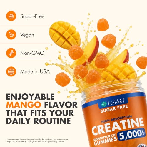 Image of Secret Element Creatine Monohydrate Gummies 5000 mg per Serving, Sugar Free Vegan Gummies, Non-GMO, Creatine Chews for Women & Men, 30 Servings, 120 Gummies, Mango Flavor