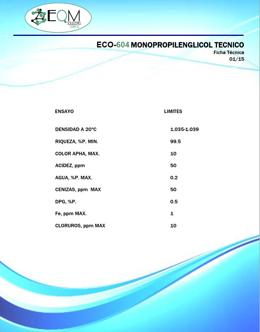 EQM SOLUCIONES QUÍMICAS | ECO-604 | 20 L | Propilenglicol Grado Técnico | Alta Pureza 99,5% | Multitud de aplicaciones industriales, anticongelante, lubricante, etc.