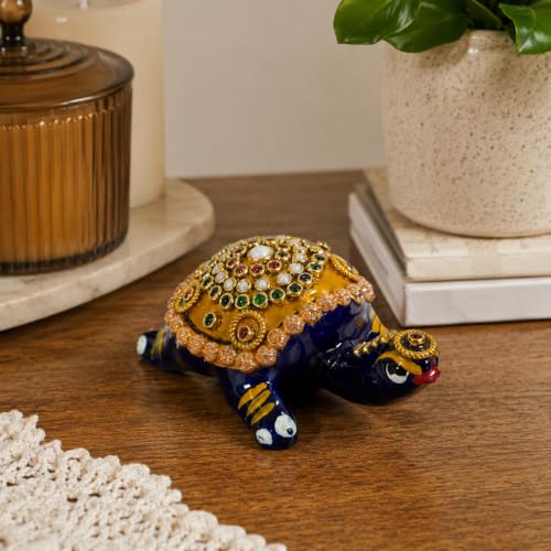 Image of eCraftIndia Decorative Turtle Showpiece for Home Decor | Handcrafted Stone & Pearl Work Tortoise Figurine | Vastu Feng Shui Decorative Table Accent for Home & Office