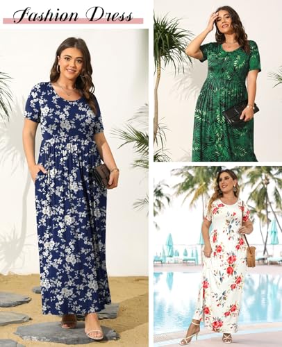 BISHUIGE Plus Size Maxi Dresses for Women Summer Casual Short Sleeve Long Dress with Pockets XL-6XL4