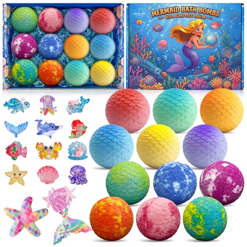 Mermaid Bath Bombs for Kids with Surprise Toys Inside 12pcs Bubble Kids Bath Bombs with Mermaid Toys Gift Set for 3 4 5 6 7 8 Year Old Girls Birthday Christmas Gift Spa Bath Ball with Bath Toy Fun