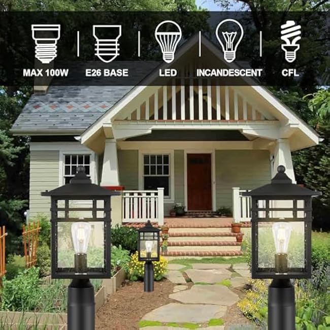 Outdoor Post Light Fixture, Large Exterior Pillar Lantern with Black Finish & Seeded Glass, 9 Inch Square Pier Mount Lamp for Garden, Backyard, Courtyard, Patio, Deck, Pathway, Walkway