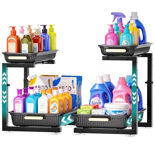 SavvyStor 2 Pcs Adjustable Height Under Sink Storage 2 Tier Sliding Kitchen Storage and Organisation Cupboard Organiser Under Sink Shelf Under Cabinet Organizer for Bathroom Kitchen Black