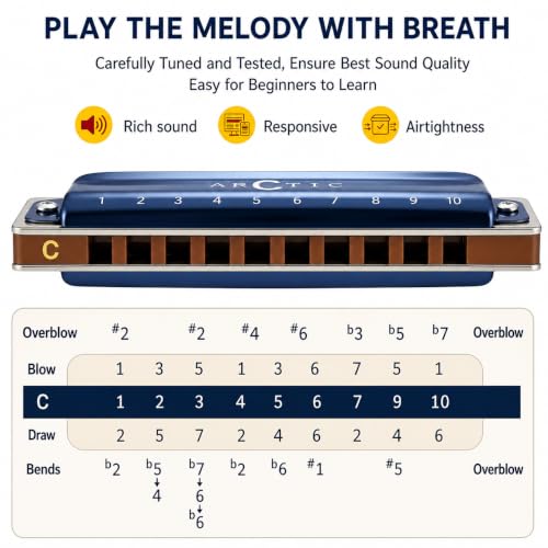 Image of ARCTIC C Key 10-Hole 20-Tone Premium Harmonica With Case & Cloth - Blue | Excellent Airtightness, Smooth Airflow, Easy Playability, Bright Clear Tone, ABS Comb, Brass Reeds, Beginner Friendly