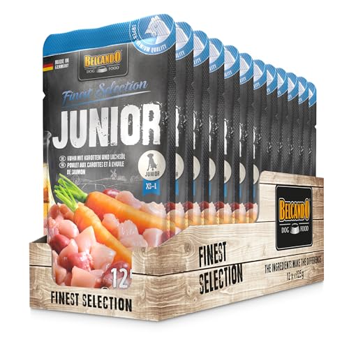 Belcando Junior [12 x 125g Junior Pollo con Zanahorias y Aceite de salmón] |Alimento húmedo para Perros | Alimento Completo en prácticas raciones Individuales