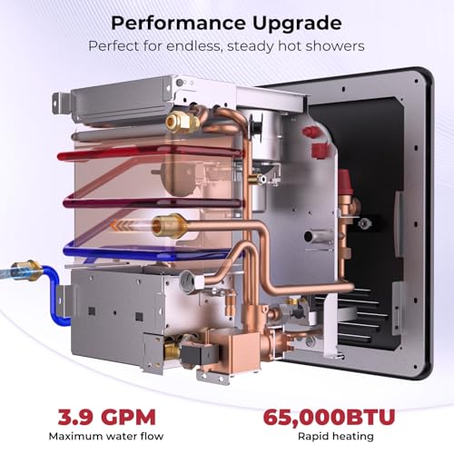 Image of CAMPLUX RV 65,000 BTU Tankless Water Heater, 2.64GPM RV Hot Water Heater with Mixing Tank and Remote Controller, High Altitude Performance, CSA Listed