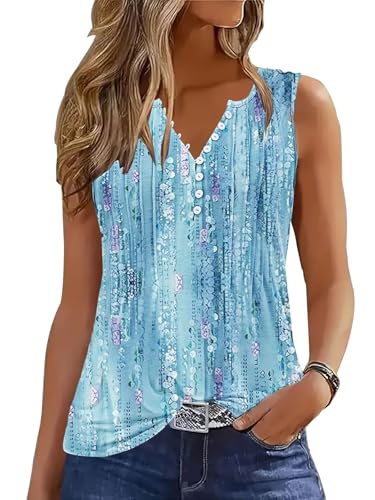 ETCYY Tank Tops for Women 2025 Summer Pleated Tunic Loose Fit Sleeveless Shirts Dressy Casual V Neck Button Down Blouses