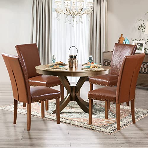 Image of Parsons Dining Chairs Set of 6, Upholstered Nailhead PU Leather Dining Room Kitchen Side Chair with Thick Cushions and Wood Legs, Light Brown