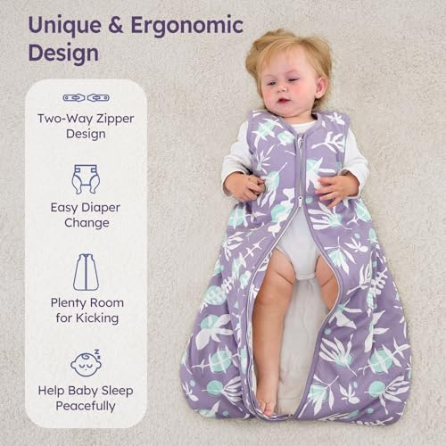 Image of Baby Sleep Sack 12-18 Months TOG 2.5 Winter Baby Wearable Blanket, 100% Cotton Toddler Sleeping Sack with 2-Way Zipper Warm Soft Purple Leaf