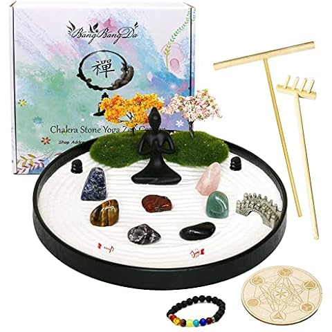 Charka Stone Yoga Zen Garden - Meditation Altar Kit Set Crystal Quartz Rock Sand Zen Rake Accessories Bonsai Zen Gifts Home Office Stress Relievers for Adults Women Spiritual Prayer Items Cover