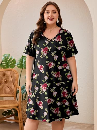 Image of AusLook Plus Size Midi Dress for Women Short Sleeve V Neck Criss Cross A Line Summer Casual Vacation Sundresses with Pockets
