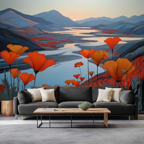 Fotomurale Murales Pintura De Paisaje Montañas Río Amapolas 250 x 175 cm Papel Pintado no Tejido, Azul Papel Tapiz Fotográfico - Salon Dormitorio Oficina Mural de Decoración de Pared