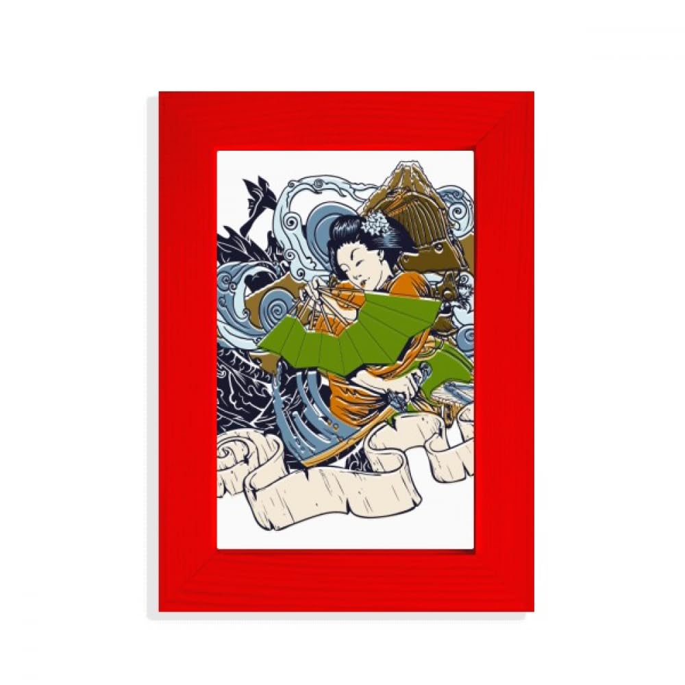 Cadre photo japonais Kimono Femme Rouge en bois de chêne massif élégant