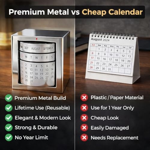 Image of ZAHEPA Stainless Steel Perpetual Desk Calendar, Reusable Rotating Metal Block Calendar for Office Table & Home Decor, Stylish Gift for Professionals, Students & Corporate New Year Gifting (Silver)