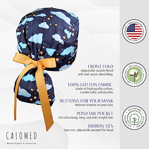 Image of Scrub Cap for Women and Men, Ponytail Scrub Caps, Working Hat, Head Cover with Ribbon Ties and Buttons, Long Hair