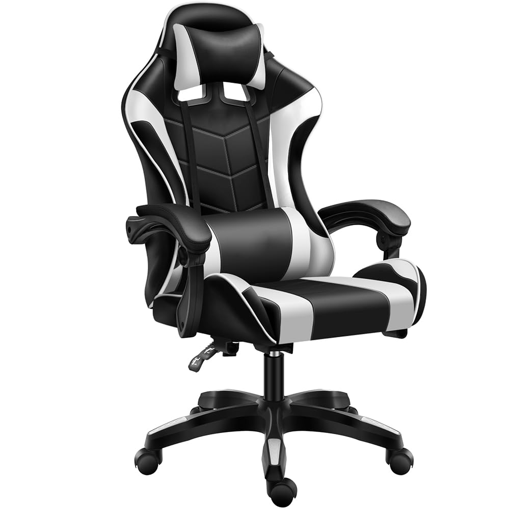 BAKAJI Sedia Poltrona Gaming Scrivana Ufficio Casa in Ecopelle Schienale Reclinabile Cuscino Lombare Poggiatesta Rotazione 360 Gradi Direzionale Altezza Regolabile Base 5 Ruote (Nero e Bianco)