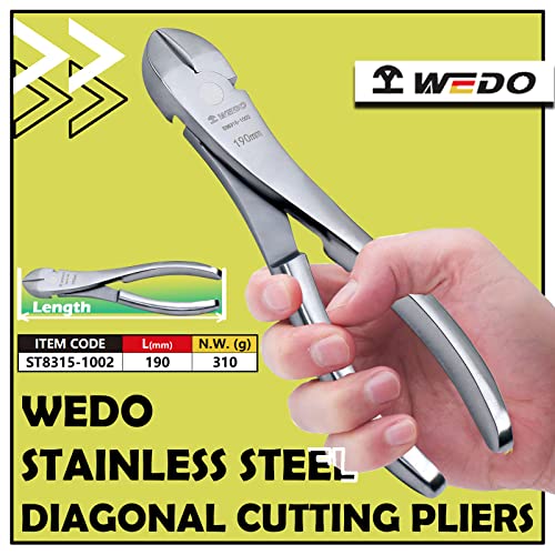 Wedo Diagonal Cutting Pliers With Angled Head,Stainless Steel Side Cutting Pliers 7",Wire Cutter,Corrosion Resistant,Rust Proof,Surface Without Chrome,Length 190Mm,Ergonomic Handle #TOP1